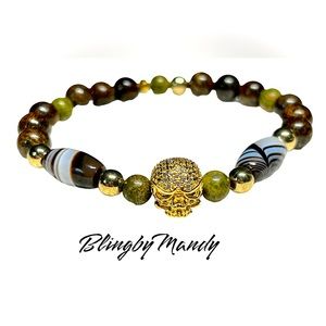 Men’s stretch genuine natural stone and skull bracelet